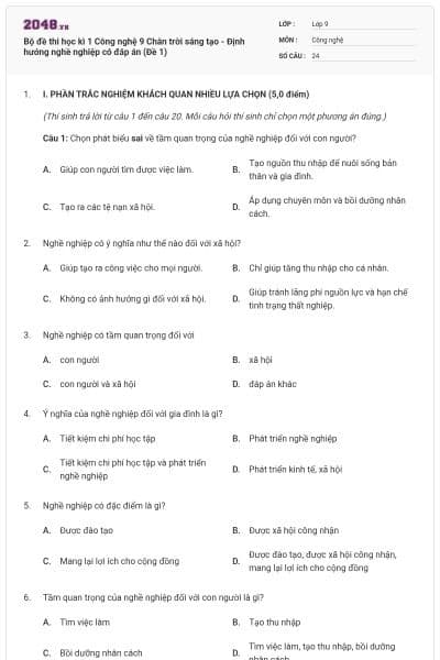 Bộ đề thi học kì 1 Công nghệ 9 Chân trời sáng tạo - Định hướng nghề nghiệp có đáp án (Đề 1)