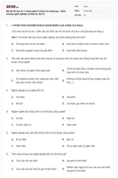 Bộ đề thi học kì 1 Công nghệ 9 Chân trời sáng tạo - Định hướng nghề nghiệp có đáp án (Đề 2)
