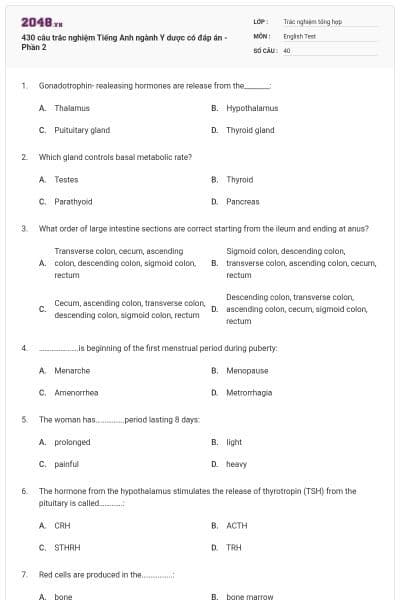 430 câu trắc nghiệm Tiếng Anh ngành Y dược có đáp án  - Phần 2