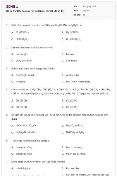 Đề thi thử Hóa học cực hay có lời giải chi tiết (đề số 14)