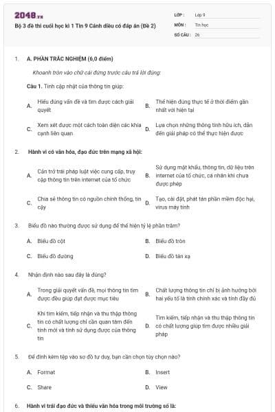 Bộ 3 đề thi cuối học kì 1 Tin 9 Cánh diều có đáp án (Đề 2)