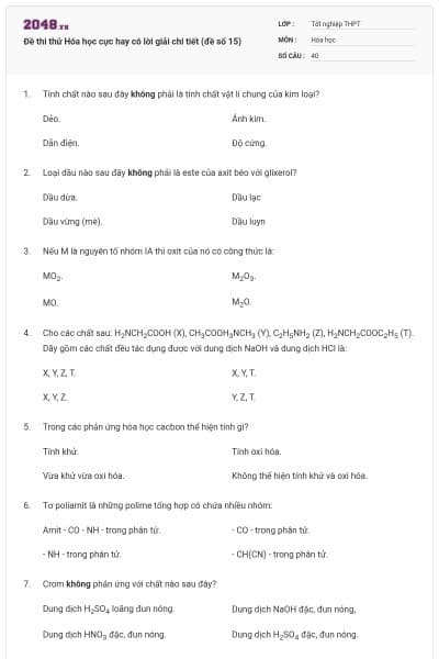 Đề thi thử Hóa học cực hay có lời giải chi tiết (đề số 15)