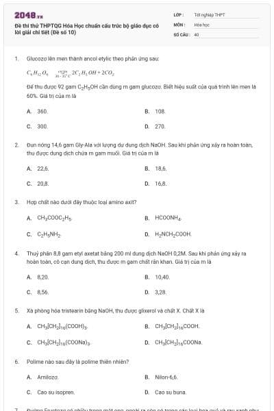 Đề thi thử THPTQG Hóa Học chuẩn cấu trúc bộ giáo dục có lời giải chi tiết (Đề số 10)