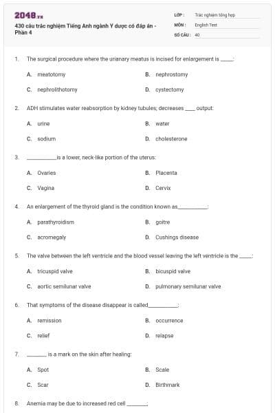 430 câu trắc nghiệm Tiếng Anh ngành Y dược có đáp án  - Phần 4