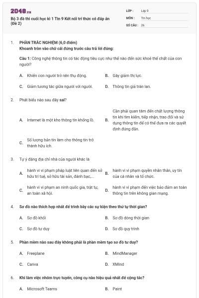 Bộ 3 đề thi cuối học kì 1 Tin 9 Kết nối tri thức có đáp án (Đề 2)