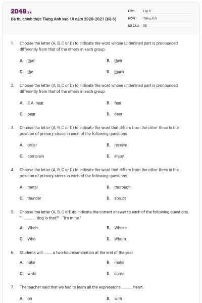 Đề thi chính thức Tiếng Anh vào 10 năm 2020-2021 (Đề 6)