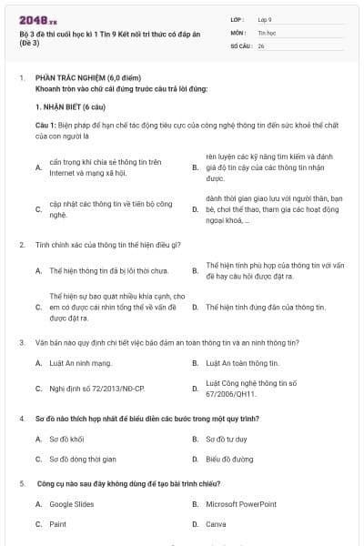 Bộ 3 đề thi cuối học kì 1 Tin 9 Kết nối tri thức có đáp án (Đề 3)