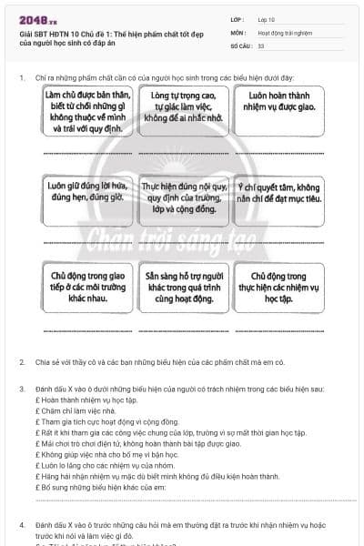 Giải SBT HĐTN 10 Chủ đề 1: Thể hiện phẩm chất tốt đẹp của người học sinh có đáp án