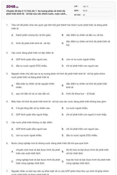Chuyên đề Địa lí 12 Chủ đề 1: Sự tương phản về trình độ phát triển kinh tế - xã hội của các nhóm nước, cuộc cách mạng khoa học công nghệ hiện đại có đáp án