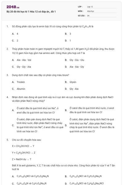 Bộ 20 đề thi học kì 1 Hóa 12 có đáp án_ đề 1