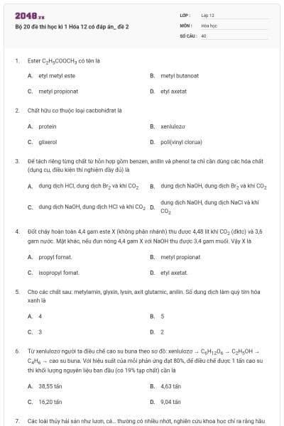 Bộ 20 đề thi học kì 1 Hóa 12 có đáp án_ đề 2