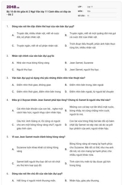 Bộ 10 đề thi giữa kì 2 Ngữ Văn lớp 11 Cánh diều có đáp án - Đề 2