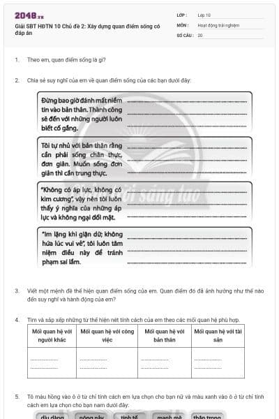 Giải SBT HĐTN 10 Chủ đề 2: Xây dựng quan điểm sống có đáp án