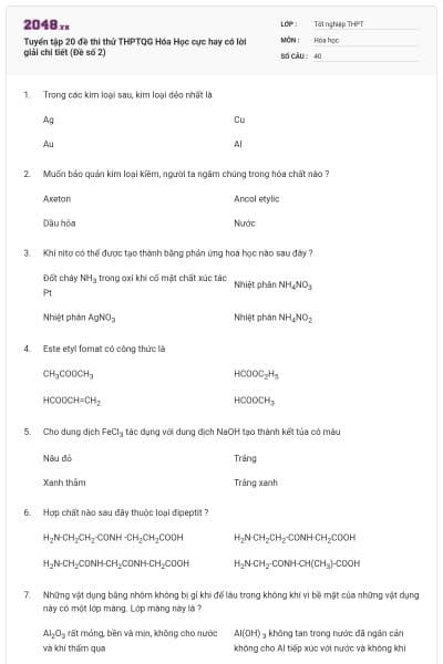 Tuyển tập 20 đề thi thử THPTQG Hóa Học cực hay có lời giải chi tiết (Đề số 2)
