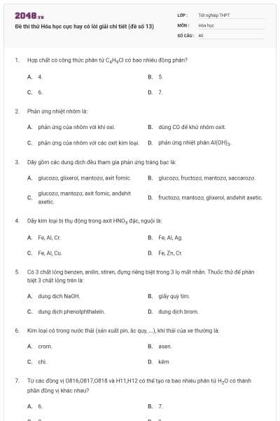 Đề thi thử Hóa học cực hay có lời giải chi tiết (đề số 13)
