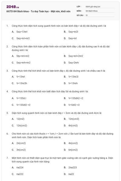 ĐGTD ĐH Bách khoa - Tư duy Toán học - Mặt nón, khối nón