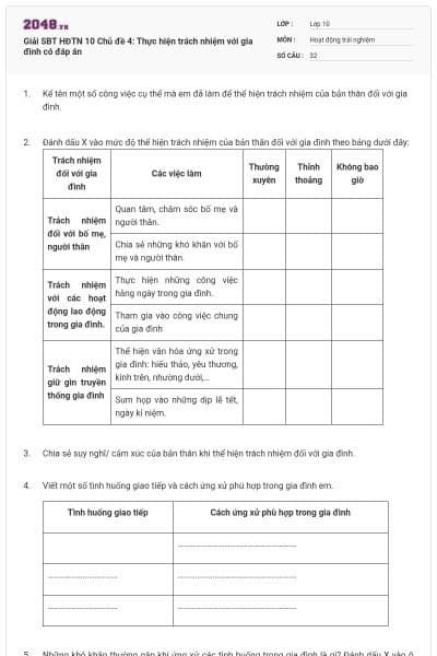 Giải SBT HĐTN 10 Chủ đề 4: Thực hiện trách nhiệm với gia đình có đáp án