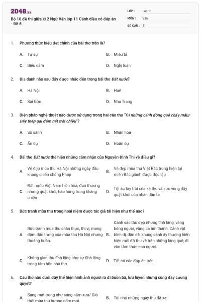 Bộ 10 đề thi giữa kì 2 Ngữ Văn lớp 11 Cánh diều có đáp án - Đề 6