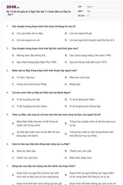 Bộ 10 đề thi giữa kì 2 Ngữ Văn lớp 11 Cánh diều có đáp án - Đề 7