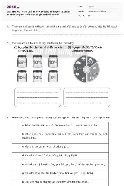 Giải SBT HĐTN 10 Chủ đề 5: Xây dựng kế hoạch tài chính cá nhân và phát triển kinh tế gia đình có đáp án