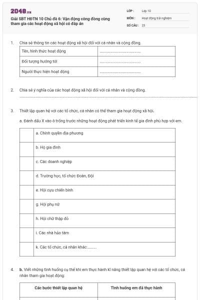 Giải SBT HĐTN 10 Chủ đề 6: Vận động công đồng cùng tham gia các hoạt động xã hội có đáp án