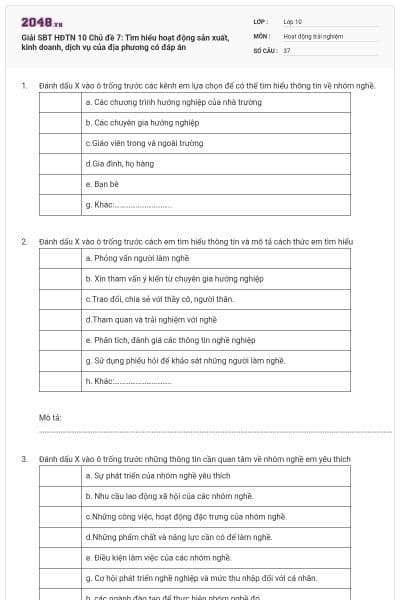 Giải SBT HĐTN 10 Chủ đề 7: Tìm hiểu hoạt động sản xuất, kinh doanh, dịch vụ của địa phương có đáp án