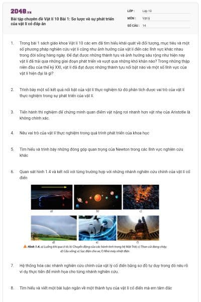 Bài tập chuyên đề Vật lí 10 Bài 1: Sơ lược về sự phát triển của vật lí có đáp án