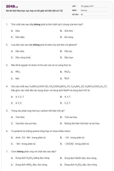 Đề thi thử Hóa học cực hay có lời giải chi tiết (đề số 15)