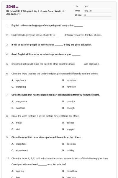 Đề thi cuối kì 1 Tiếng Anh lớp 9 i-Learn Smart World có đáp án (đề 1)