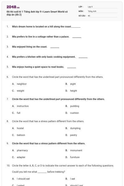 Đề thi cuối kì 1 Tiếng Anh lớp 9 i-Learn Smart World có đáp án (đề 2)