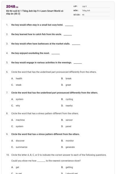 Đề thi cuối kì 1 Tiếng Anh lớp 9 i-Learn Smart World có đáp án (đề 3)