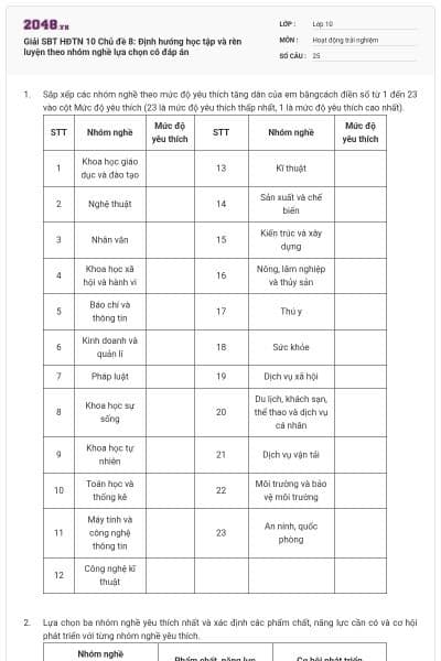 Giải SBT HĐTN 10 Chủ đề 8: Định hướng học tập và rèn luyện theo nhóm nghề lựa chọn có đáp án