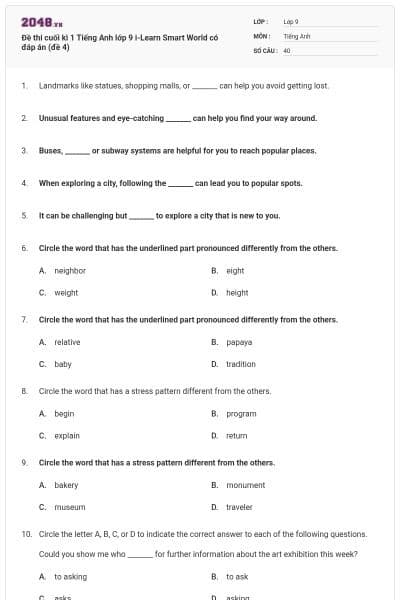 Đề thi cuối kì 1 Tiếng Anh lớp 9 i-Learn Smart World có đáp án (đề 4)