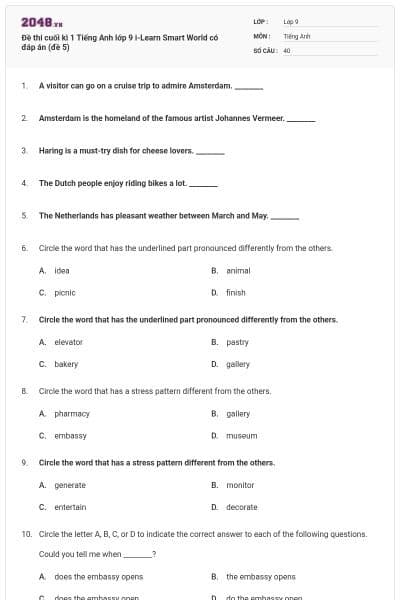 Đề thi cuối kì 1 Tiếng Anh lớp 9 i-Learn Smart World có đáp án (đề 5)