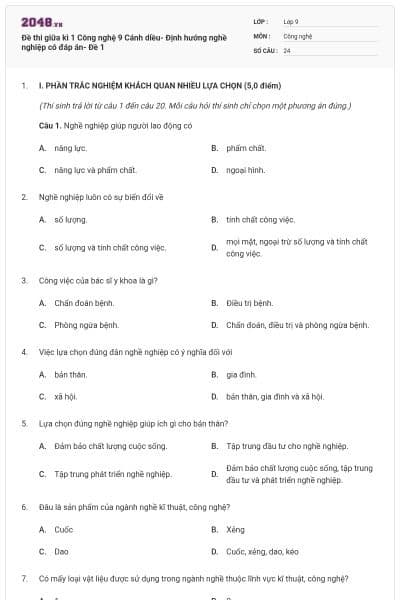Đề thi giữa kì 1 Công nghệ 9 Cánh diều- Định hướng nghề nghiệp có đáp án- Đề 1