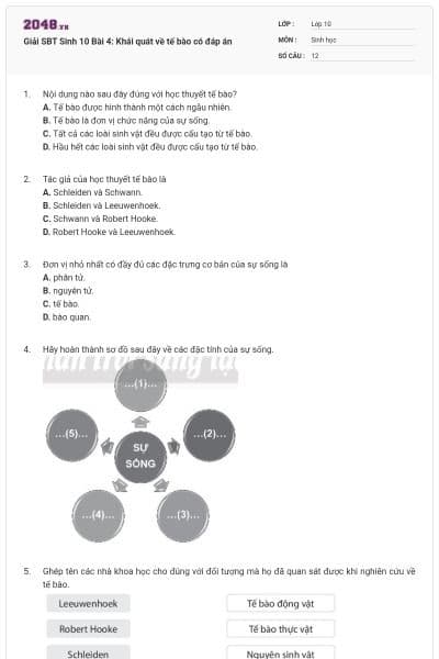 Giải SBT Sinh 10 Bài 4: Khái quát về tế bào có đáp án