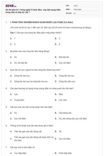 Đề thi giữa kì 1 Công nghệ 9 Cánh diều- Lắp đặt mạng điện trong nhà có đáp án- Đề 1