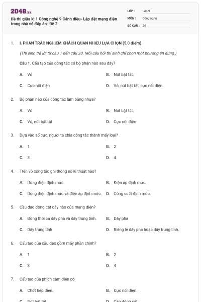 Đề thi giữa kì 1 Công nghệ 9 Cánh diều- Lắp đặt mạng điện trong nhà có đáp án- Đề 2