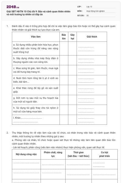 Giải SBT HĐTN 10 Chủ đề 9: Bảo vệ cảnh quan thiên nhiên và môi trường tự nhiên có đáp án