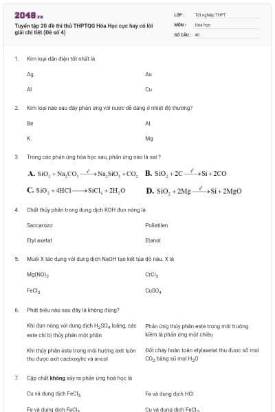 Tuyển tập 20 đề thi thử THPTQG Hóa Học cực hay có lời giải chi tiết (Đề số 4)