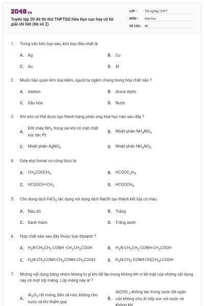 Tuyển tập 20 đề thi thử THPTQG Hóa Học cực hay có lời giải chi tiết (Đề số 2)