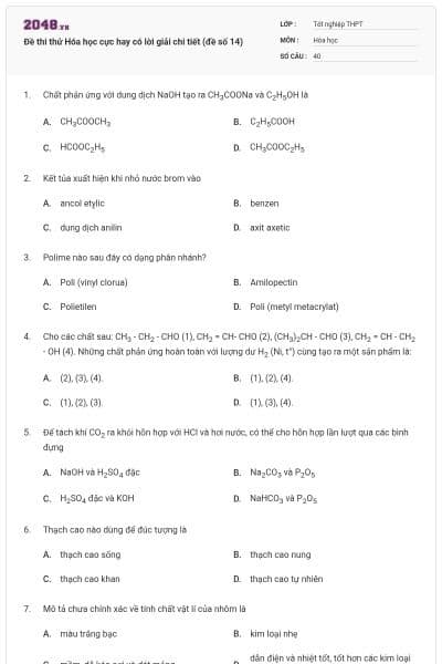 Đề thi thử Hóa học cực hay có lời giải chi tiết (đề số 14)