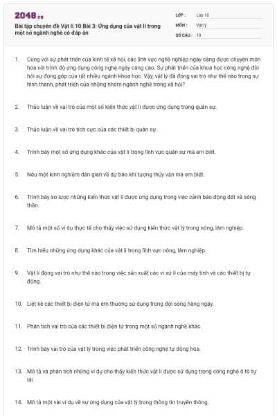 Bài tập chuyên đề Vật lí 10 Bài 3: Ứng dụng của vật lí trong một số ngành nghề có đáp án