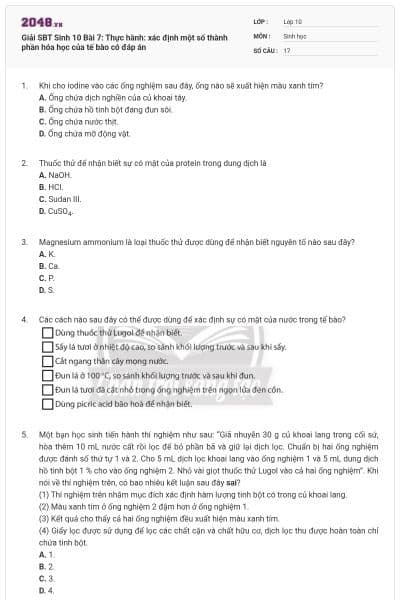 Giải SBT Sinh 10 Bài 7: Thực hành: xác định một số thành phần hóa học của tế bào có đáp án