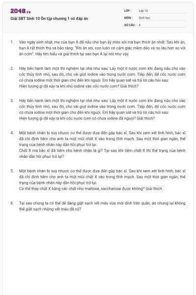 Giải SBT Sinh 10 Ôn tập chương 1 có đáp án