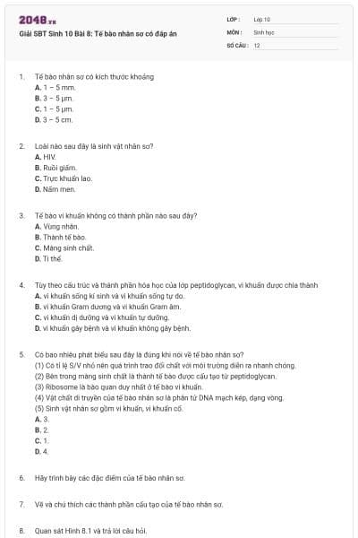 Giải SBT Sinh 10 Bài 8: Tế bào nhân sơ có đáp án