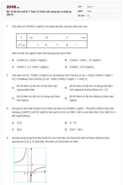 Bộ 10 đề thi cuối kì 1 Toán 12 Chân trời sáng tạo có đáp án (Đề 9)