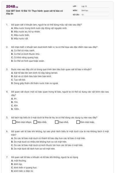 Giải SBT Sinh 10 Bài 10: Thực hành: quan sát tế bào có đáp án