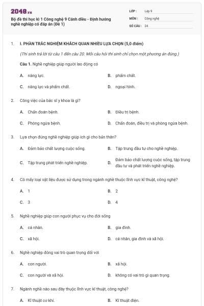 Bộ đề thi học kì 1 Công nghệ 9 Cánh diều - Định hướng nghề nghiệp có đáp án (Đề 1)