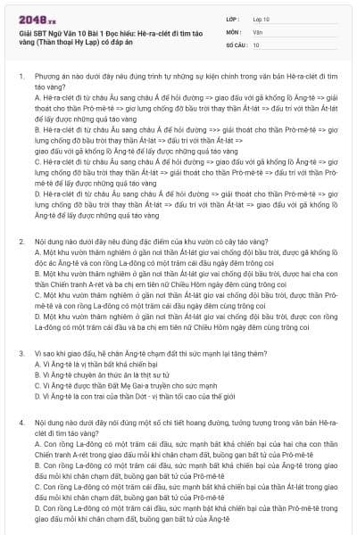 Giải SBT Ngữ Văn 10 Bài 1 Đọc hiểu: Hê-ra-clét đi tìm táo vàng (Thần thoại Hy Lạp) có đáp án